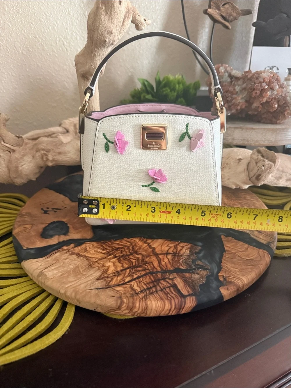 Kate Spade White Top-Handle Mini Bag with Pink Floral Appliqué, never used.